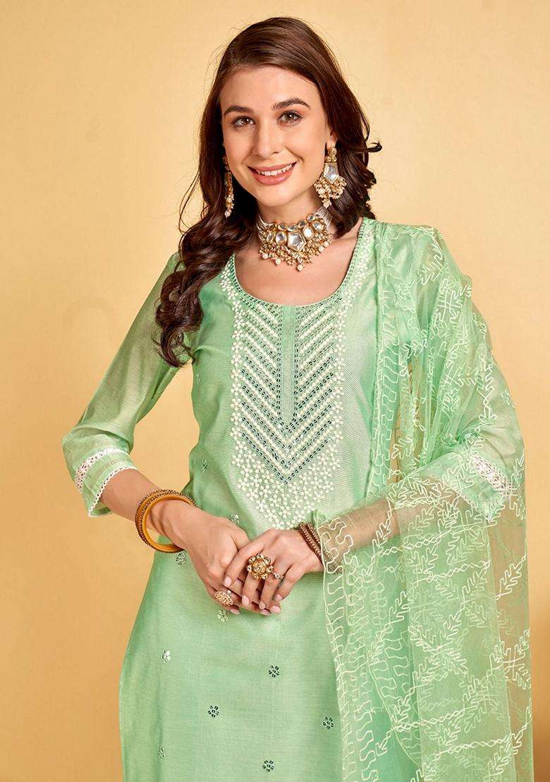 Green Embroidery Chanderi Kurta Set - Indya