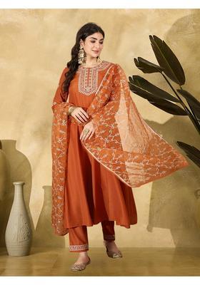 Orange Embroidery Silk Anarkali Set