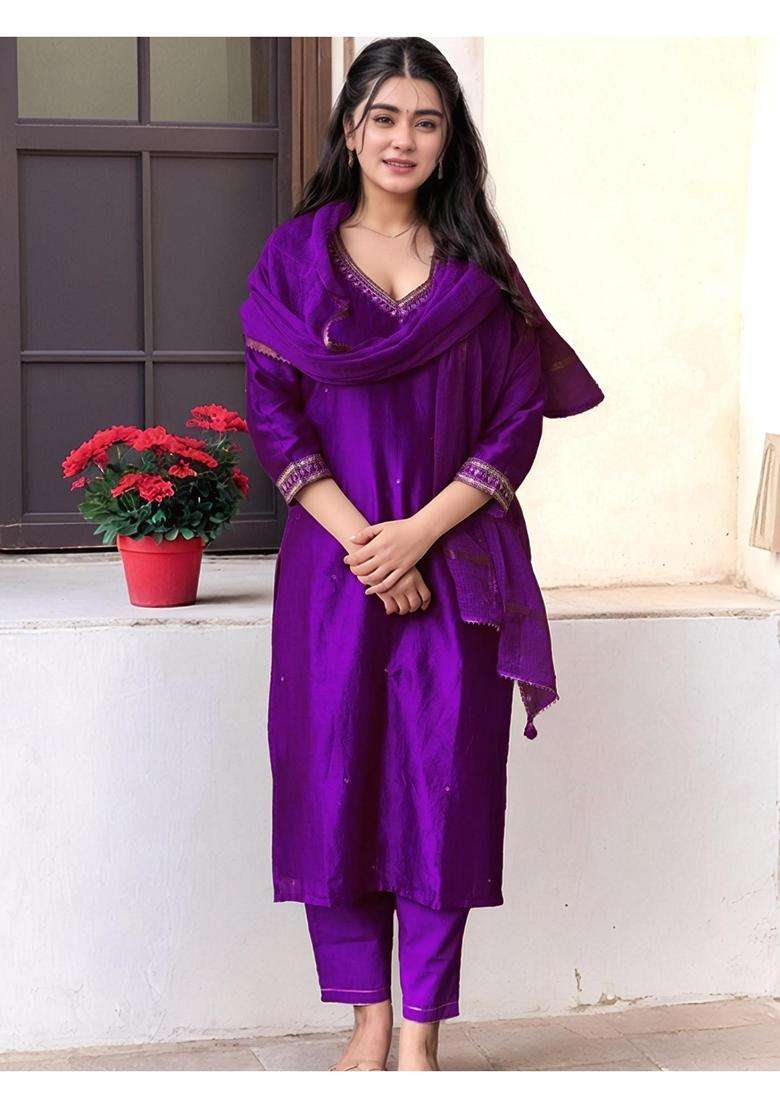 Purple Solid Rayon Kurta Set - Indya