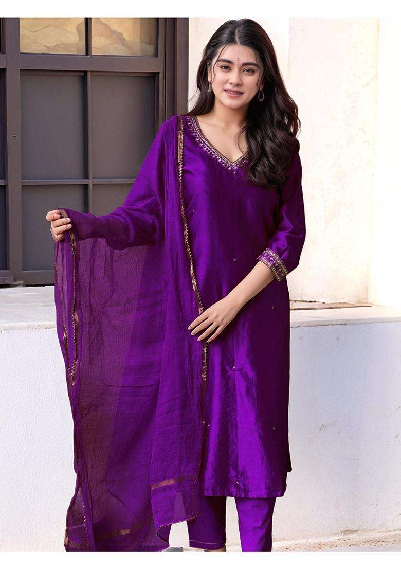 Purple Solid Rayon Kurta Set - Indya