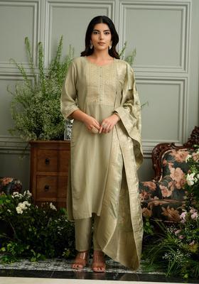 Light Green Embroidery Silk Kurta Set