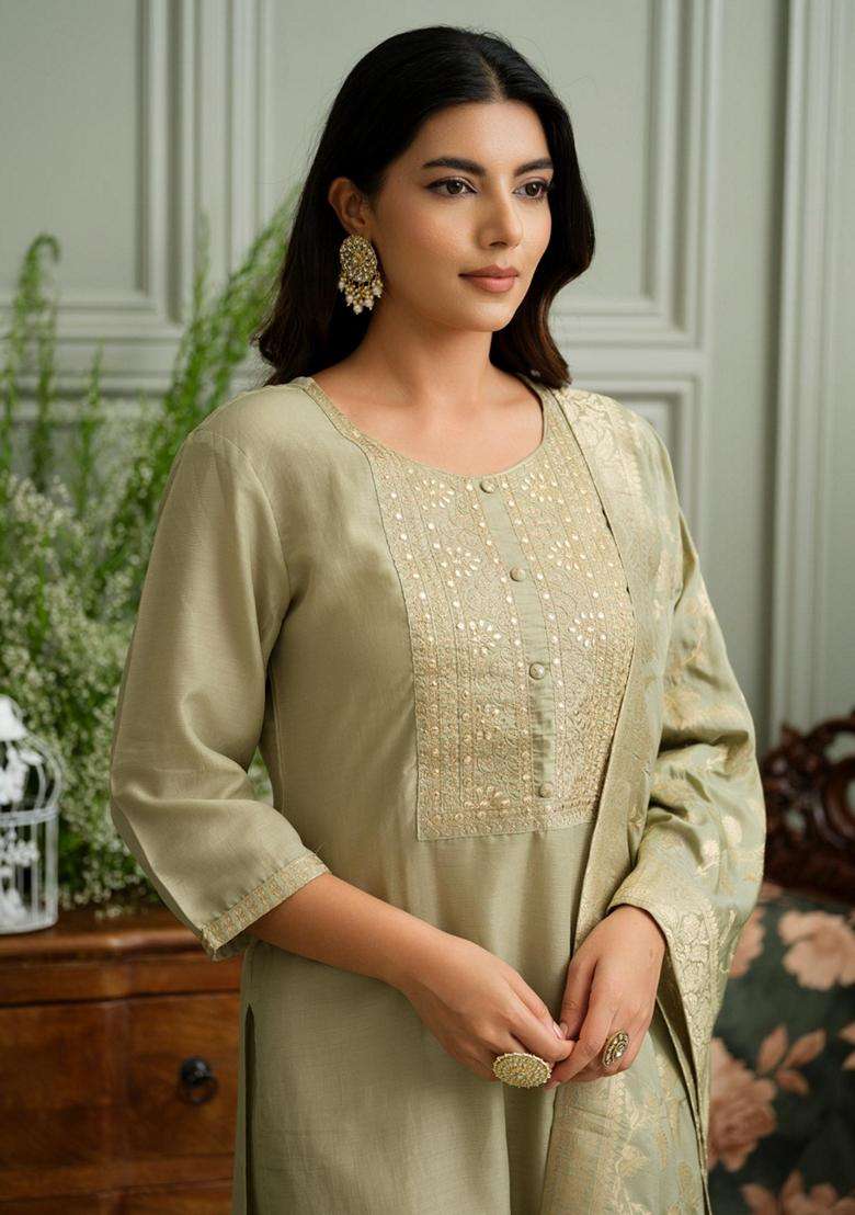 Light Green Embroidery Silk Blend Kurta Set - Indya