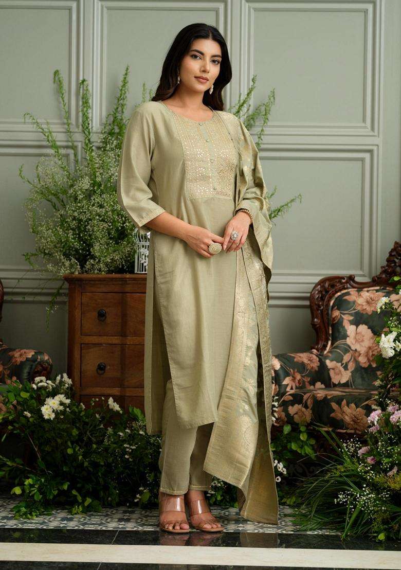 Light Green Embroidery Silk Blend Kurta Set - Indya
