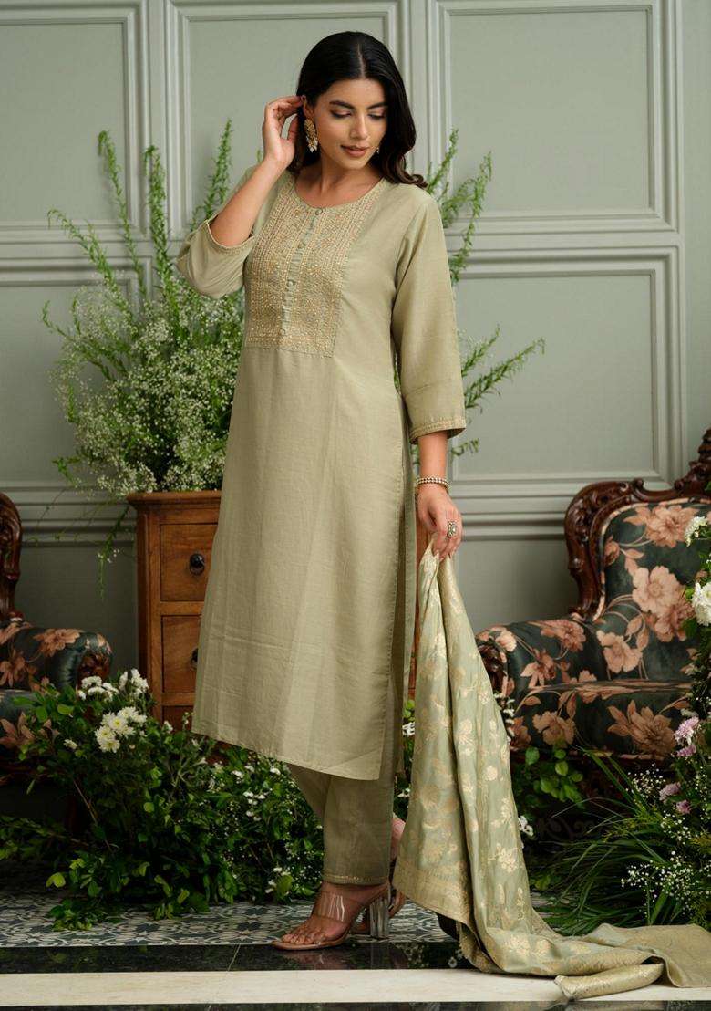 Light Green Embroidery Silk Blend Kurta Set - Indya