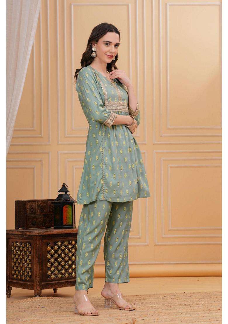 Green Printed Rayon Kurta Set - Indya