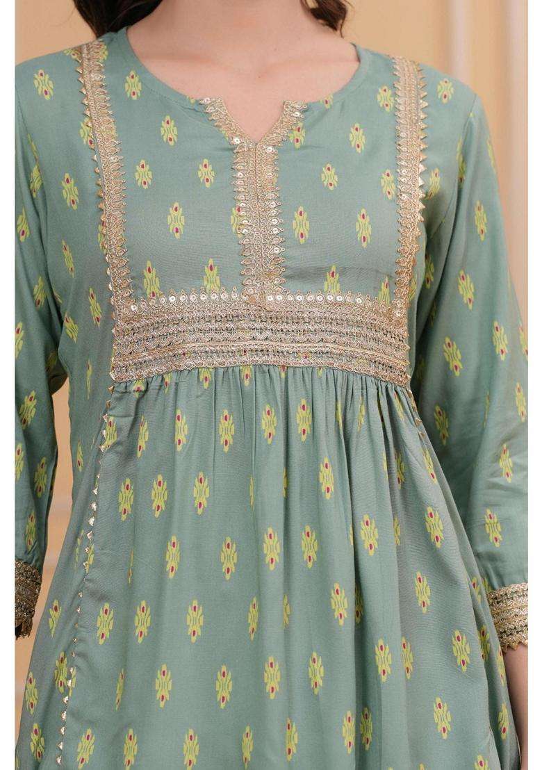 Green Printed Rayon Kurta Set - Indya