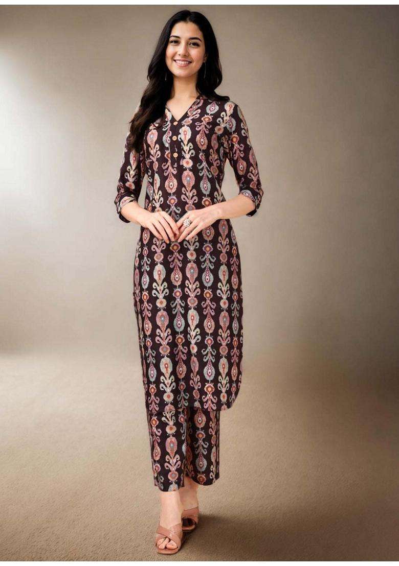 Brown Printed Muslin Co-Ord Set - Indya