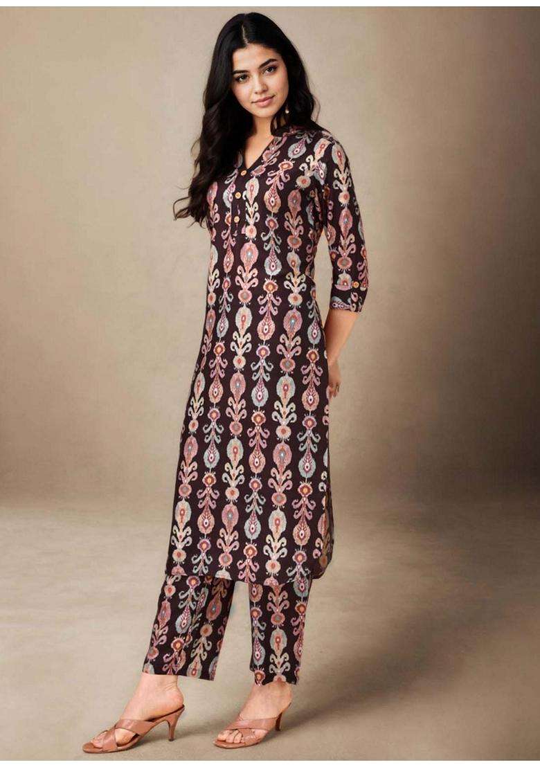 Brown Printed Muslin Co-Ord Set - Indya