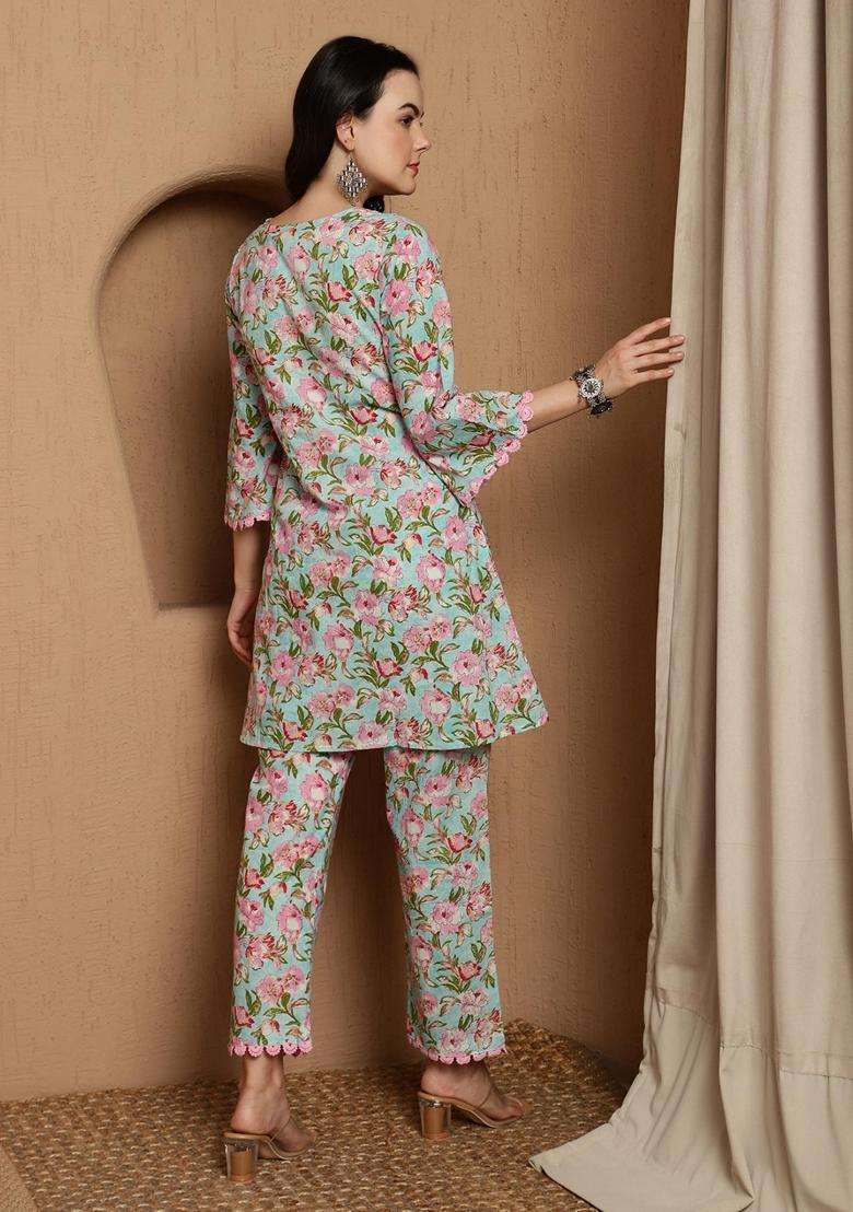 Green Floral Cotton Co-Ord Set - Indya