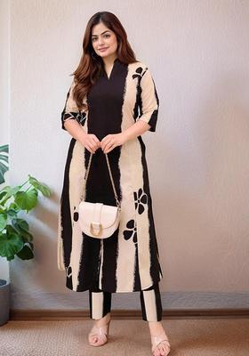 Black Printed Rayon Kurta Set