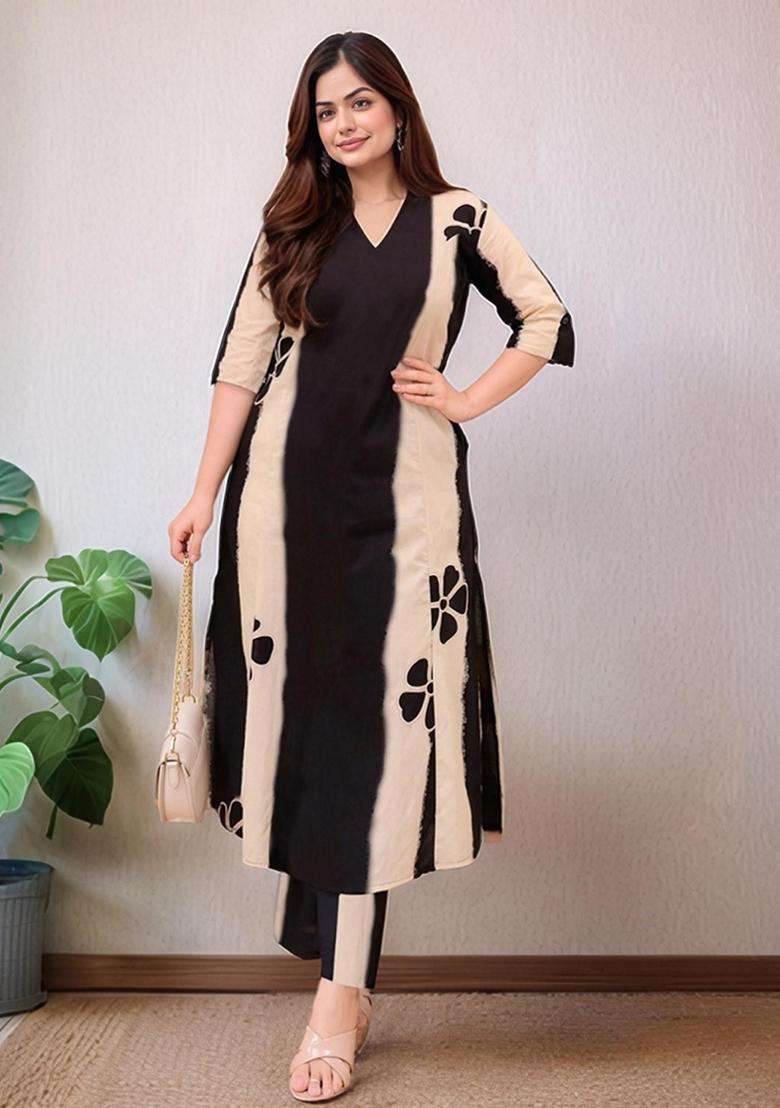 Black Printed Rayon Kurta Set - Indya