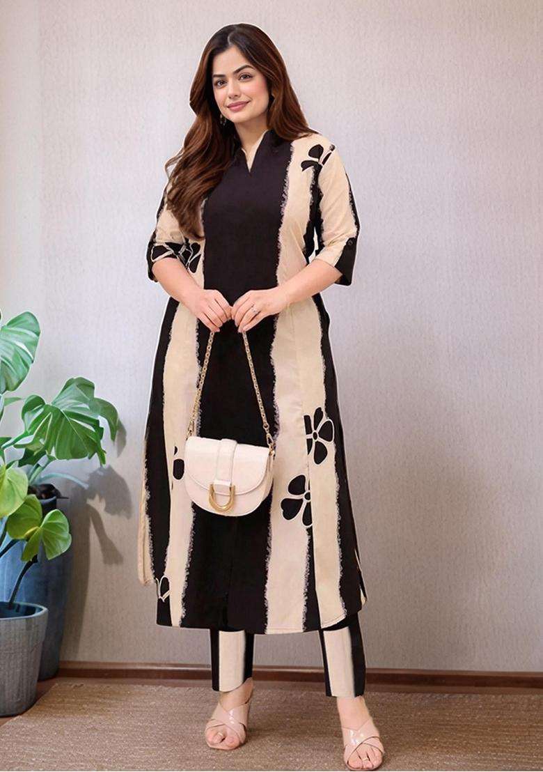 Black Printed Rayon Kurta Set - Indya