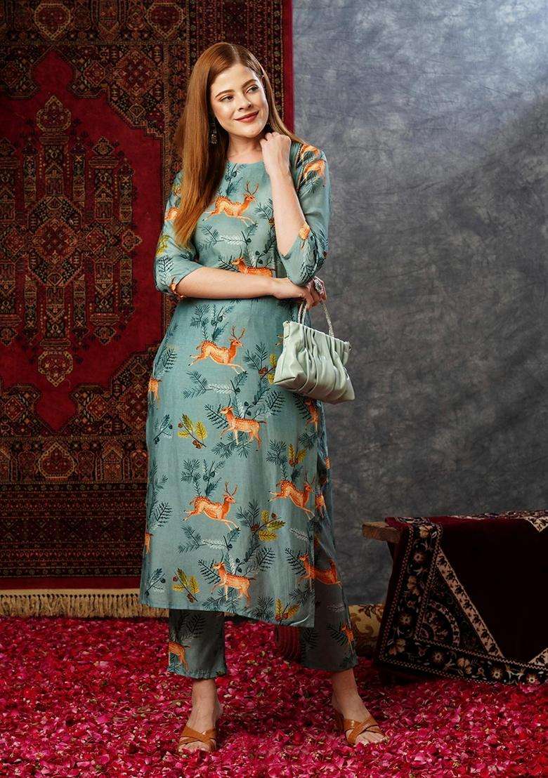 Green Printed Rayon Kurta Set - Indya