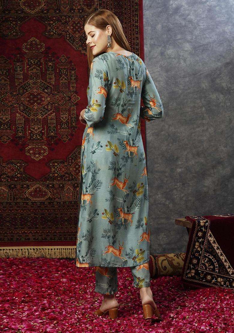 Green Printed Rayon Kurta Set - Indya