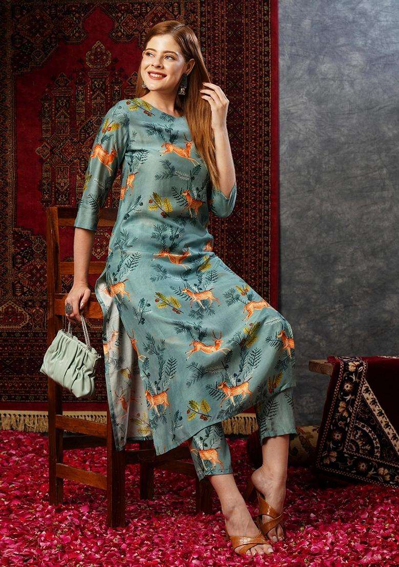 Green Printed Rayon Kurta Set - Indya