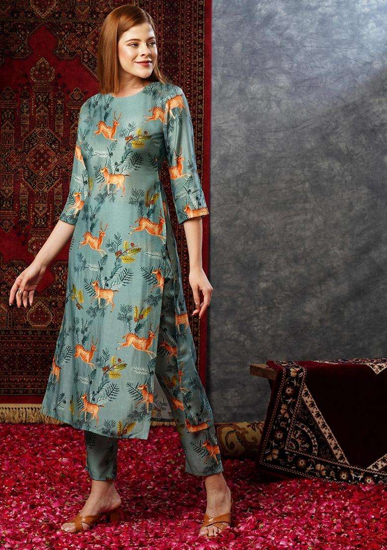 Green Printed Rayon Kurta Set - Indya