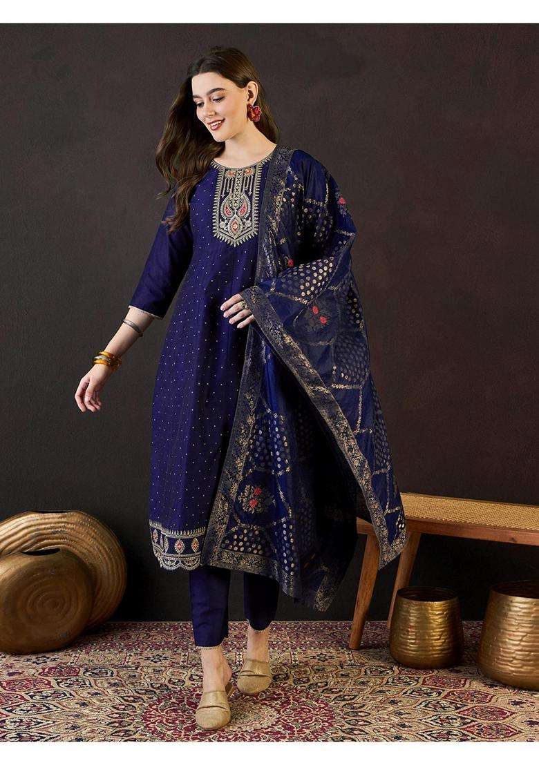Blue Embroidery Silk Blend Anarkali Set - Indya