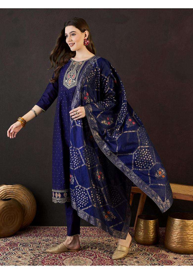Blue Embroidery Silk Blend Anarkali Set - Indya