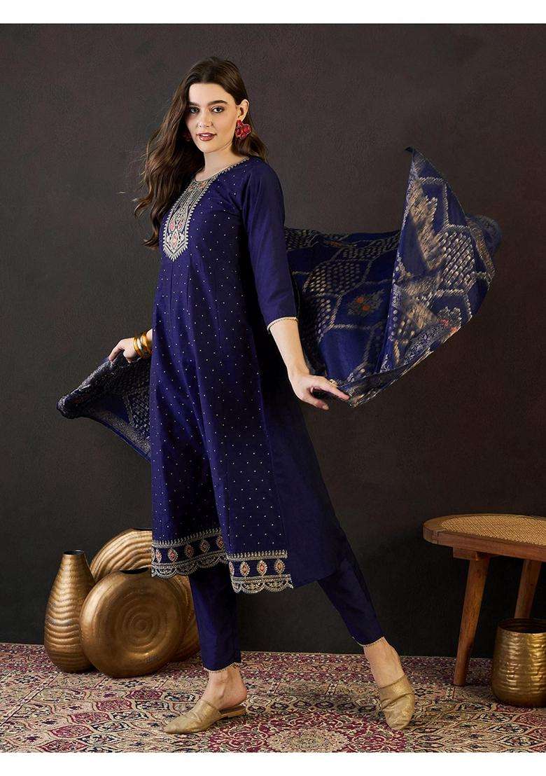 Blue Embroidery Silk Blend Anarkali Set - Indya