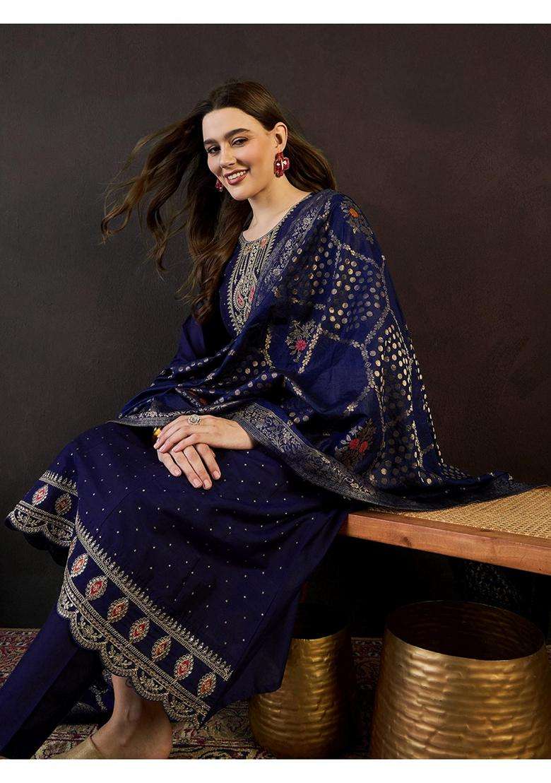 Blue Embroidery Silk Blend Anarkali Set - Indya