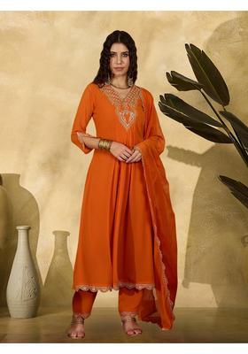 Orange Embroidery Georgette Anarkali Set