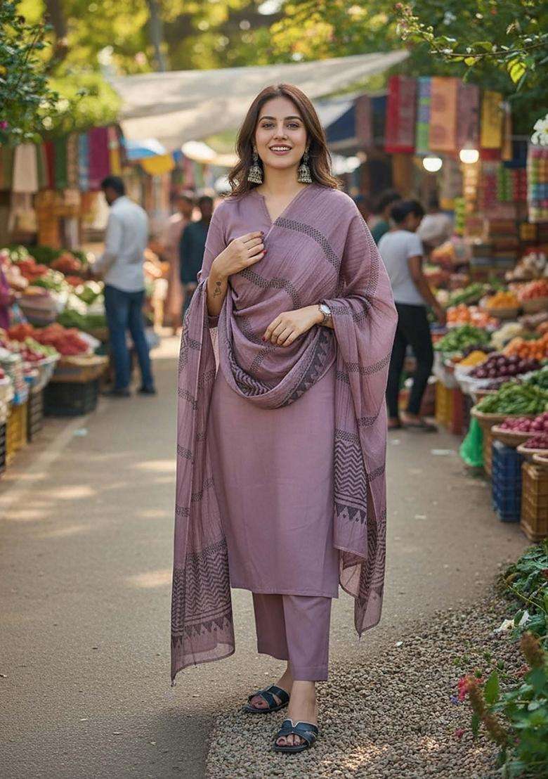 Purple Solid Rayon Kurta Set - Indya
