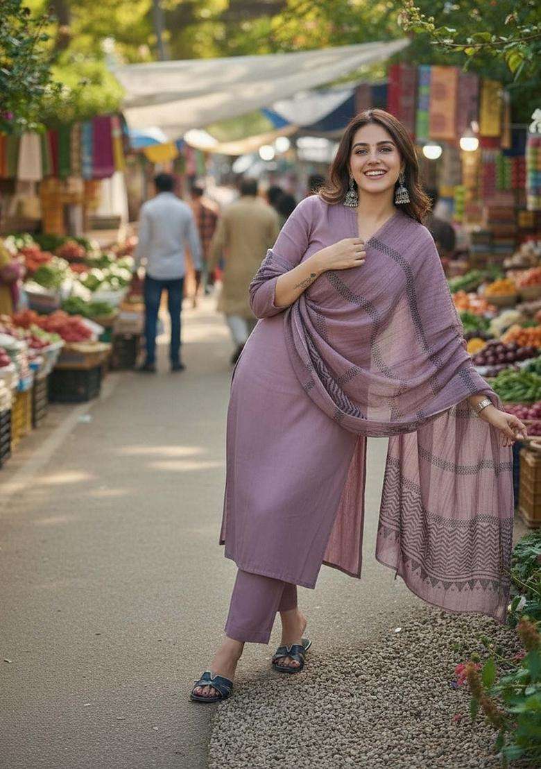 Purple Solid Rayon Kurta Set - Indya