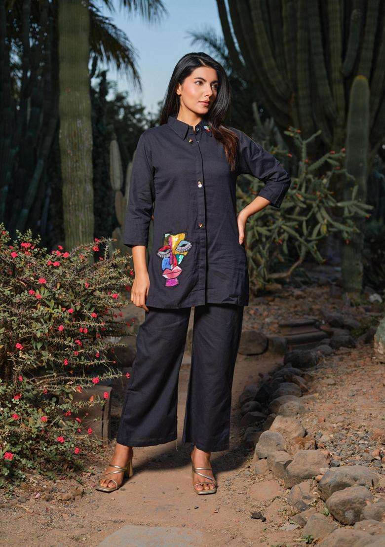 Black Solid Cotton Co-Ord Set - Indya