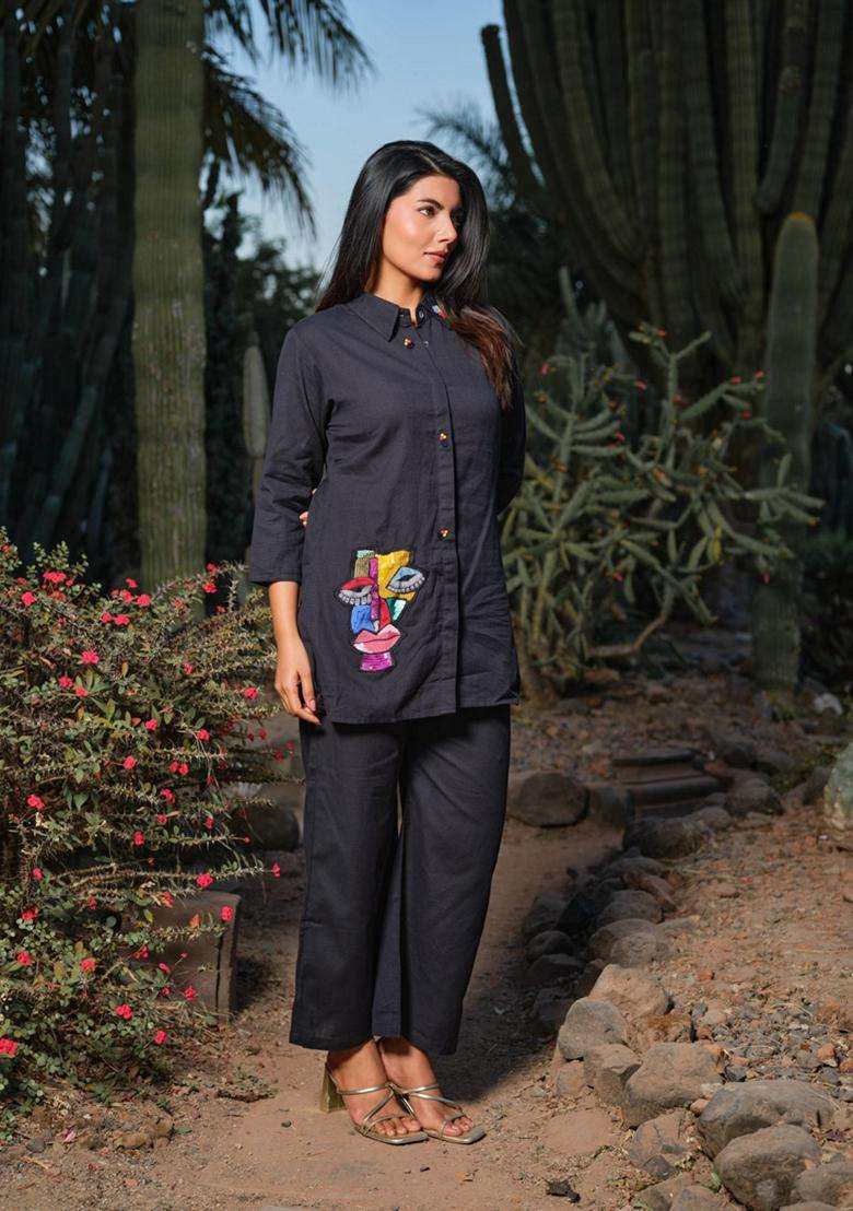 Black Solid Cotton Co-Ord Set - Indya