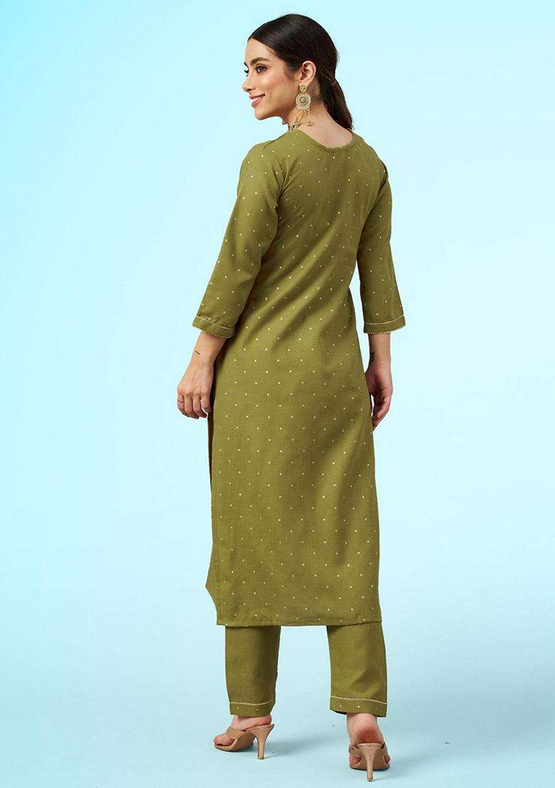 Green Embroidery Chiffon Kurta Set - Indya