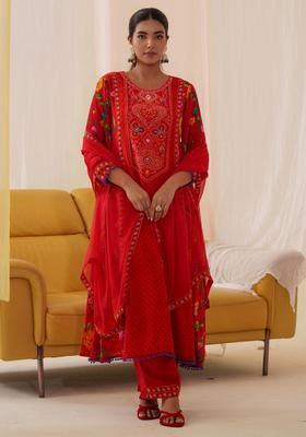 Red Printed Crepe Anarkali Set