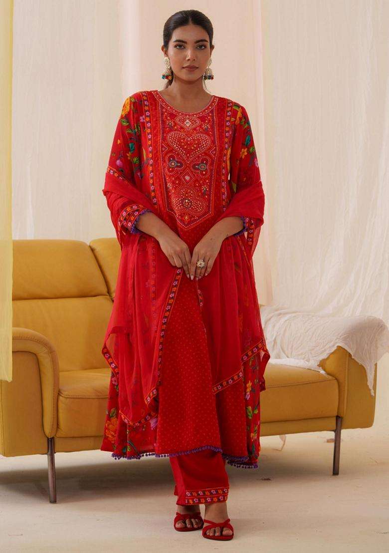 Red Printed Crepe Anarkali Set - Indya