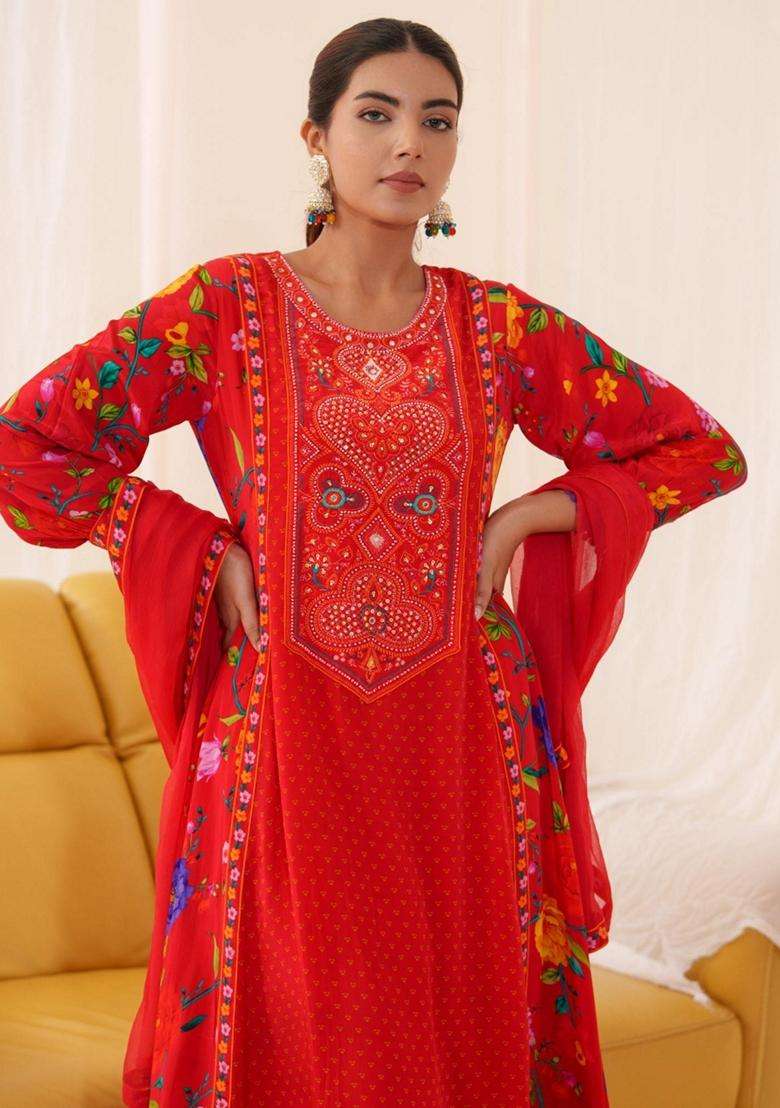 Red Printed Crepe Anarkali Set - Indya