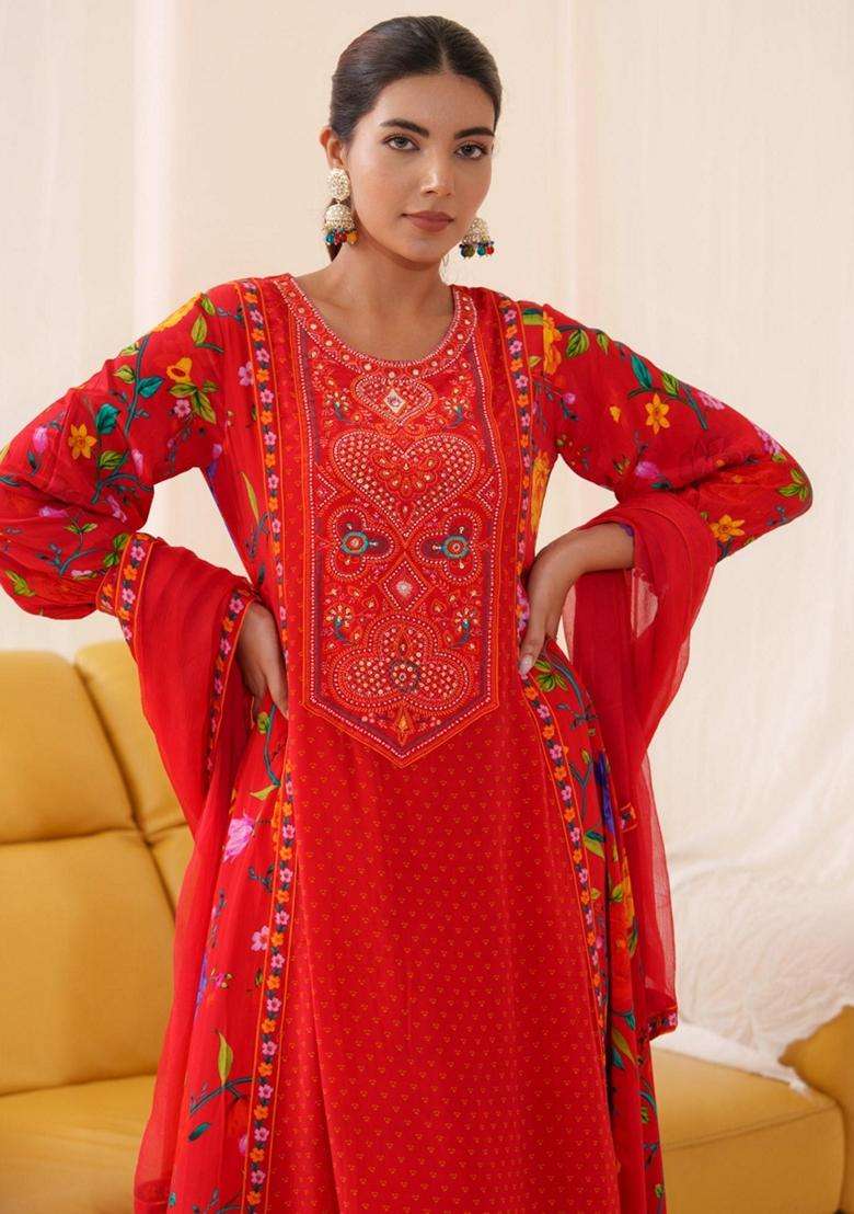 Red Printed Crepe Anarkali Set - Indya