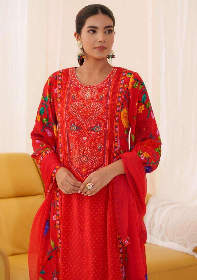 Red Printed Crepe Anarkali Set - Indya