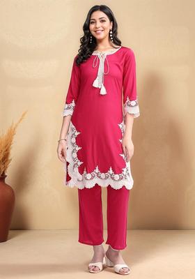 Pink Embroidery Viscose Kurta Set