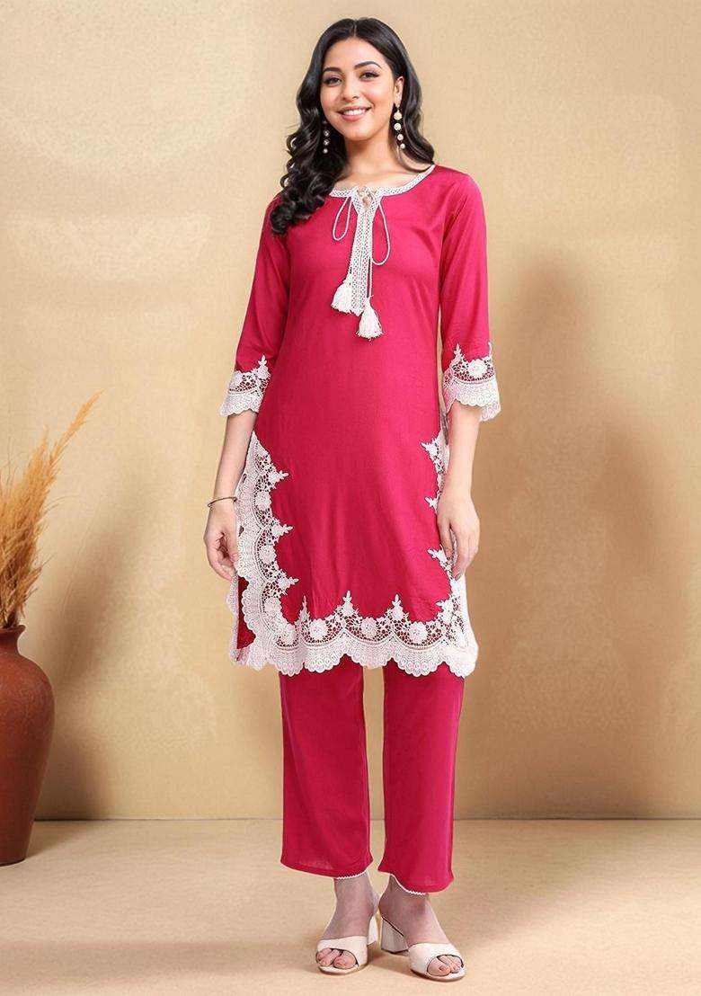 Pink Embroidery Viscose Kurta Set - Indya