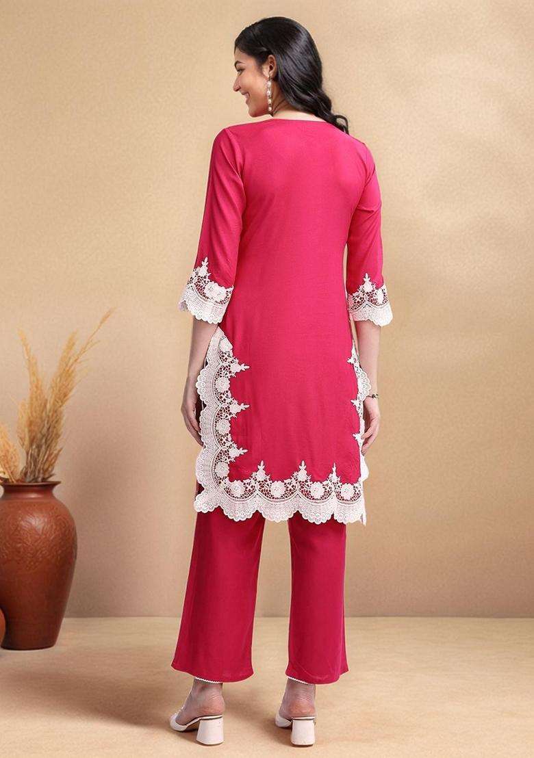 Pink Embroidery Viscose Kurta Set - Indya
