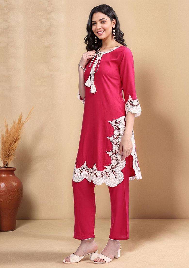 Pink Embroidery Viscose Kurta Set - Indya