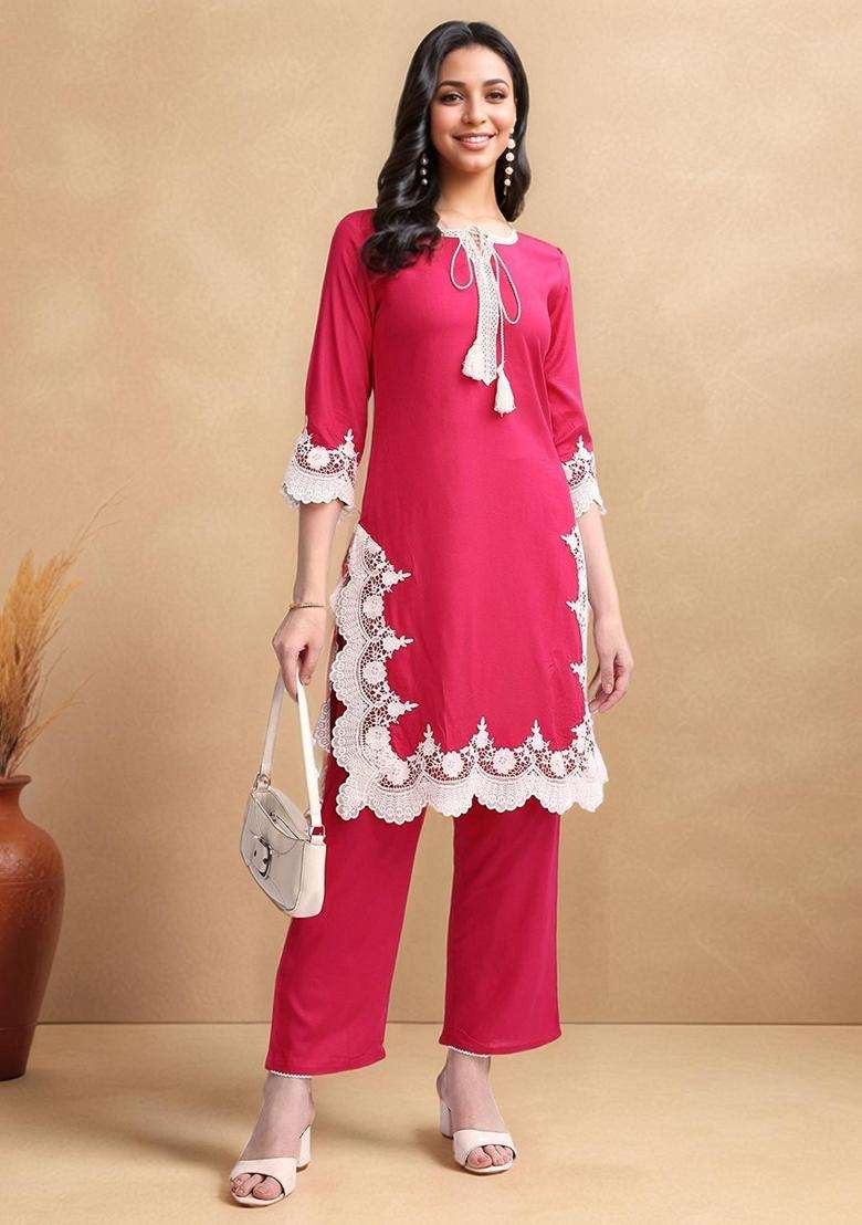 Pink Embroidery Viscose Kurta Set - Indya