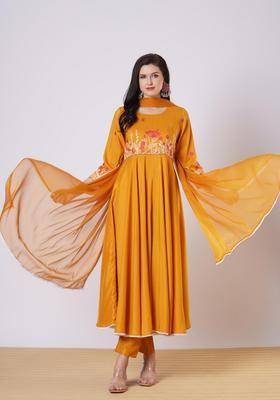 Yellow Embroidery Rayon Kurta Set