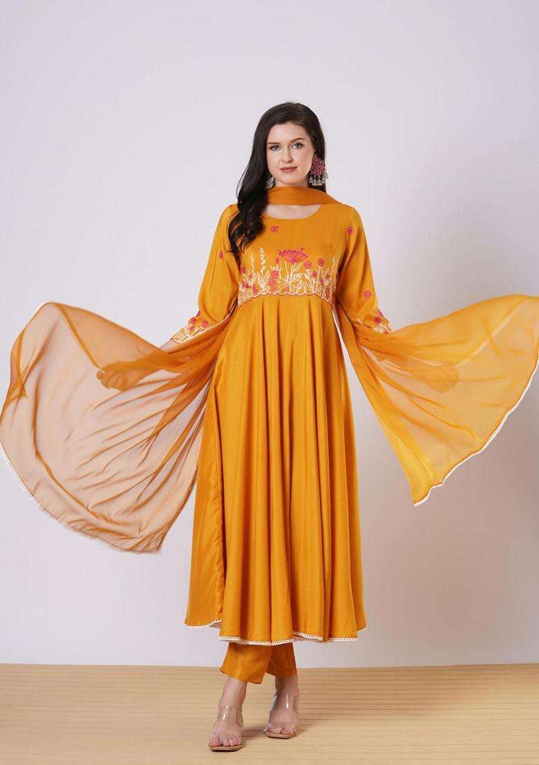 Yellow Embroidery Rayon Kurta Set - Indya