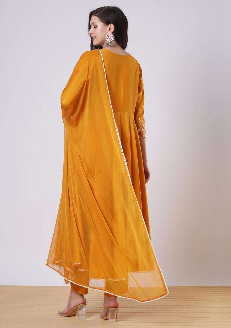Yellow Embroidery Rayon Kurta Set - Indya