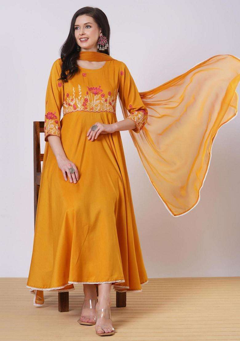 Yellow Embroidery Rayon Kurta Set - Indya