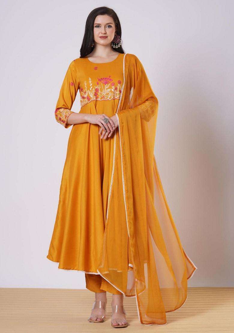 Yellow Embroidery Rayon Kurta Set - Indya
