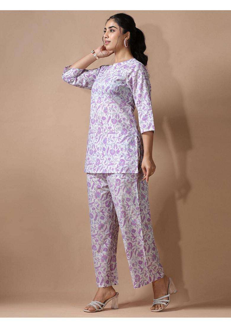 Purple Floral Cotton Co-Ord Set - Indya