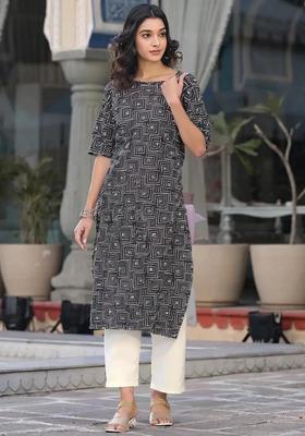 Black Printed Crepe Kurta Set