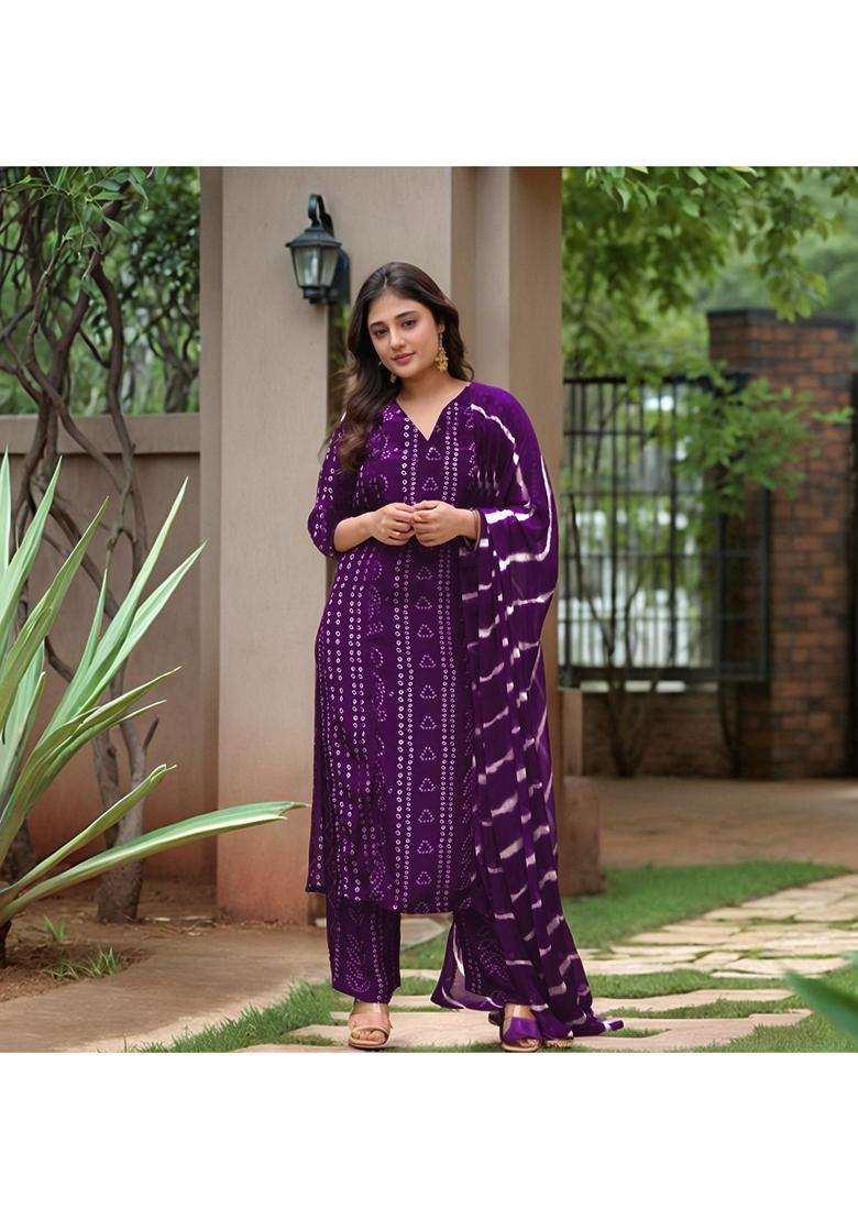 Purple Printed Rayon Kurta Set - Indya