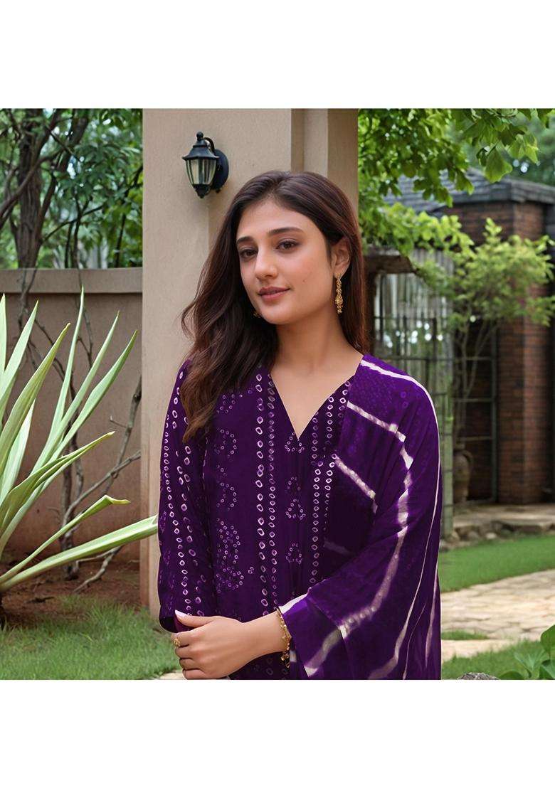 Purple Printed Rayon Kurta Set - Indya
