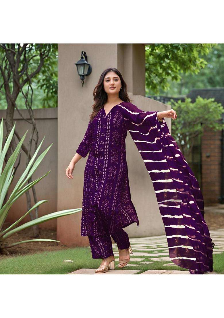 Purple Printed Rayon Kurta Set - Indya